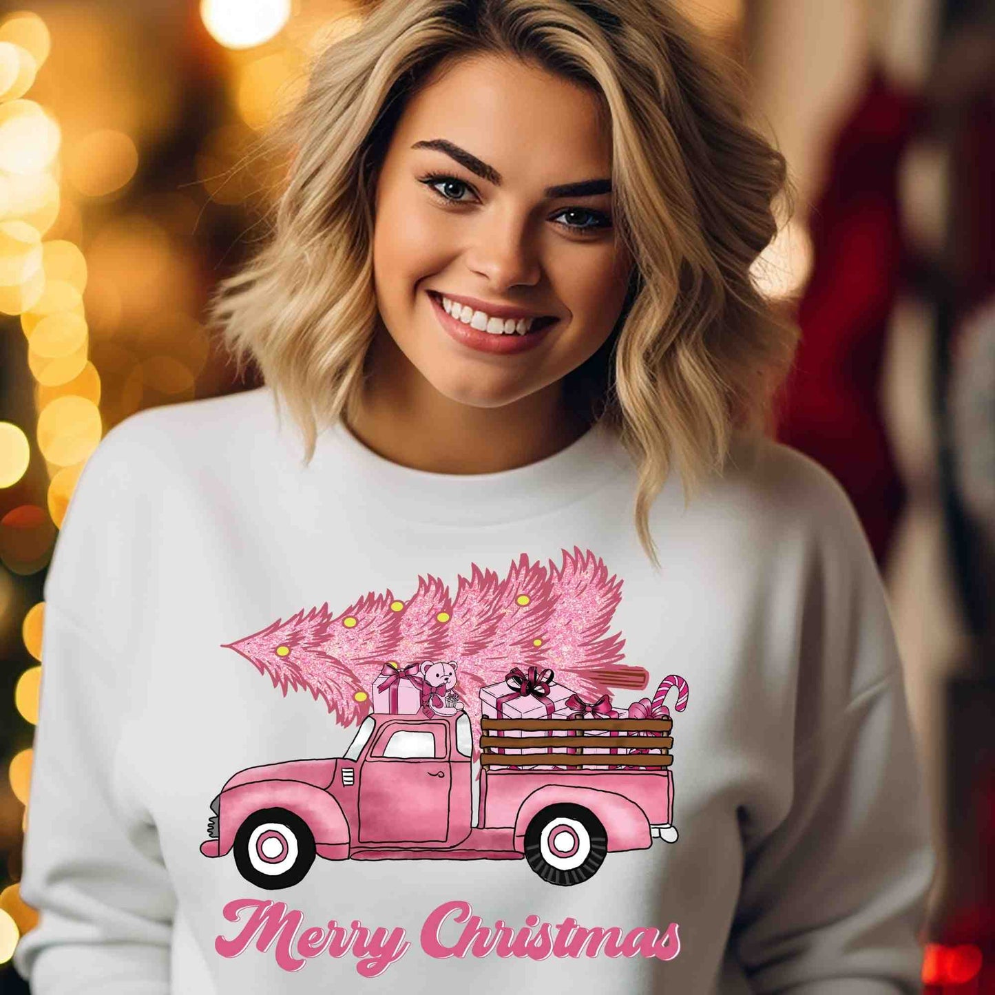 Merry Christmas Pink Retro Truck DTF print
