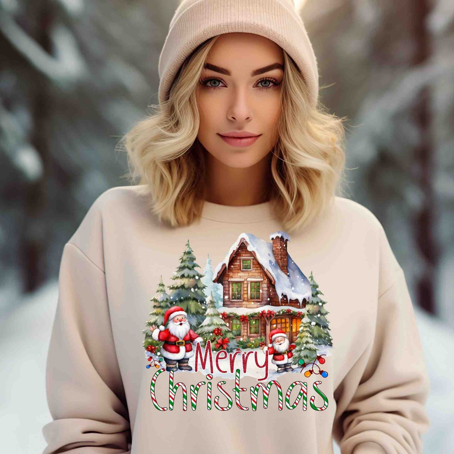 Merry Christmas Snowy Santa Town DTF print