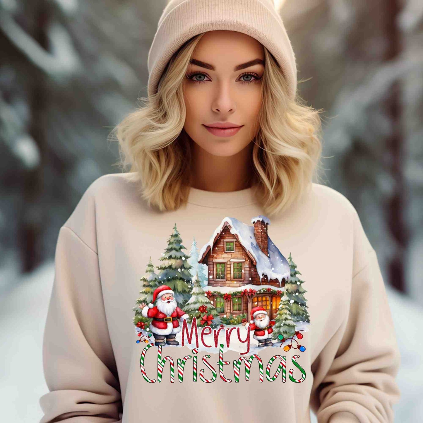 Merry Christmas Snowy Santa Town   DTF print