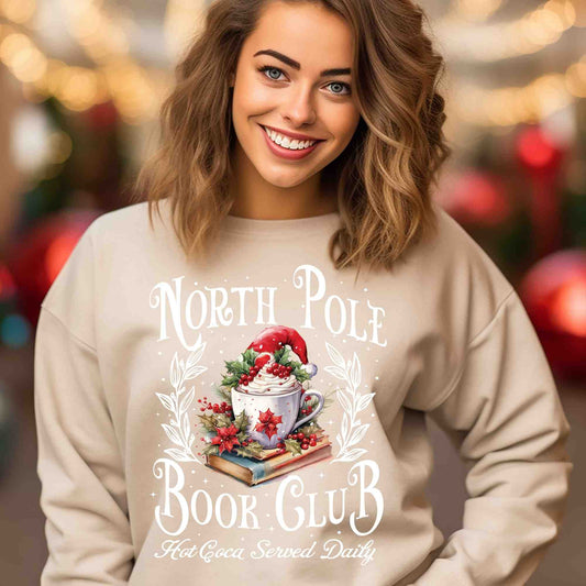 North Pole book Club white lettering DTF print